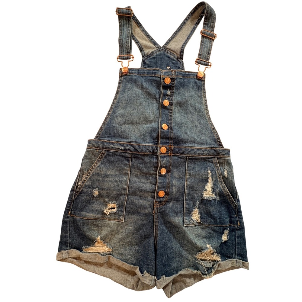 No Boundaries Denim Shortalls Womens Small 3-5 Distressed‎ Button Front Overalls